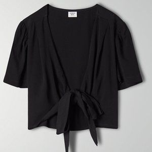 Cropped, short-sleeve wrap top